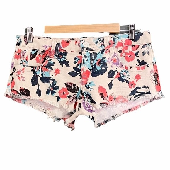 Jean Shorts Cutoff Denim Shortie Shorts Ivory Pink Multi Size 9 Flower Power Y2K - Picture 1 of 7